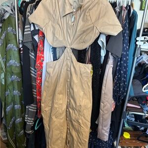 Chic Beige Faux Leather Cutout Bodycon Midi Dress Open Back